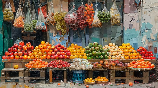 The vibrant hustle of a street market, captured in the colors and textures of goods.