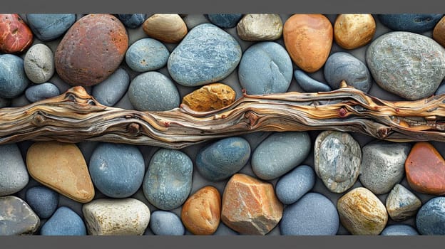 The contrasting textures of smooth pebbles and rough driftwood on a beach, showcasing natural diversity.