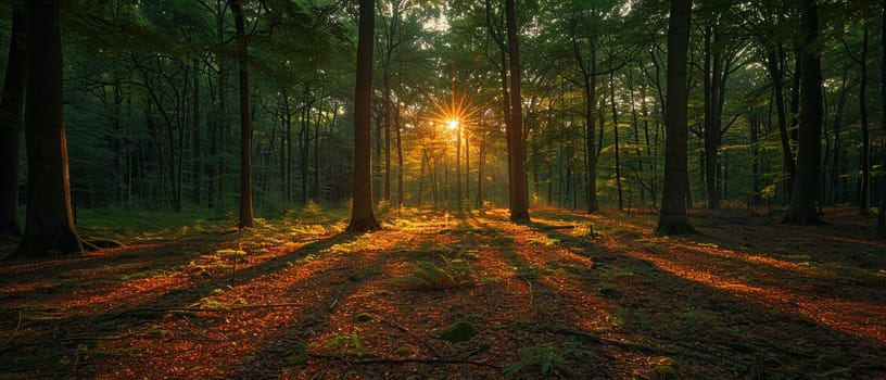 Shadows cast by a forest canopy on a woodland floor, creating a natural mosaic of light and dark.