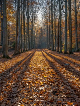 Shadows cast by a forest canopy on a woodland floor, creating a natural mosaic of light and dark.