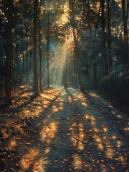 Shadows cast by a forest canopy on a woodland floor, creating a natural mosaic of light and dark.