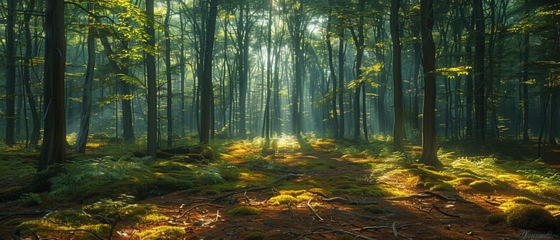 Shadows cast by a forest canopy on a woodland floor, creating a natural mosaic of light and dark.