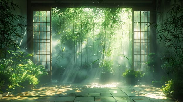 Sunlight casting shadows through a bamboo forest, representing tranquility and natural patterns.