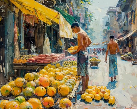 The vibrant hustle of a street market, captured in the colors and textures of goods.