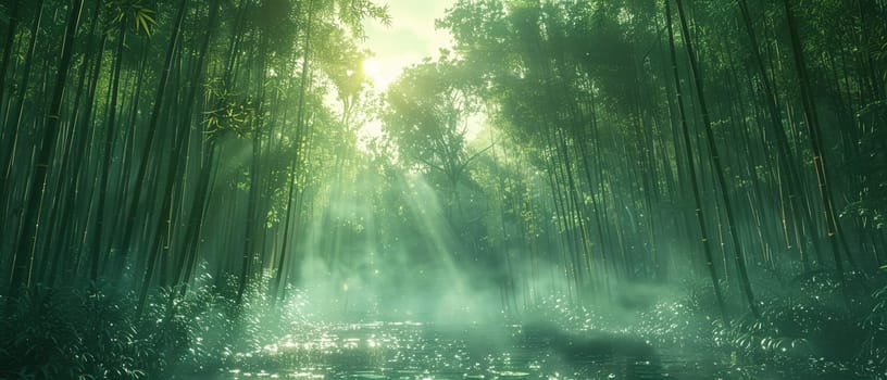 Sunlight casting shadows through a bamboo forest, representing tranquility and natural patterns.