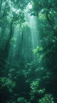 Sunlight filtering through dense forest trees, capturing a mystical and ethereal mood.