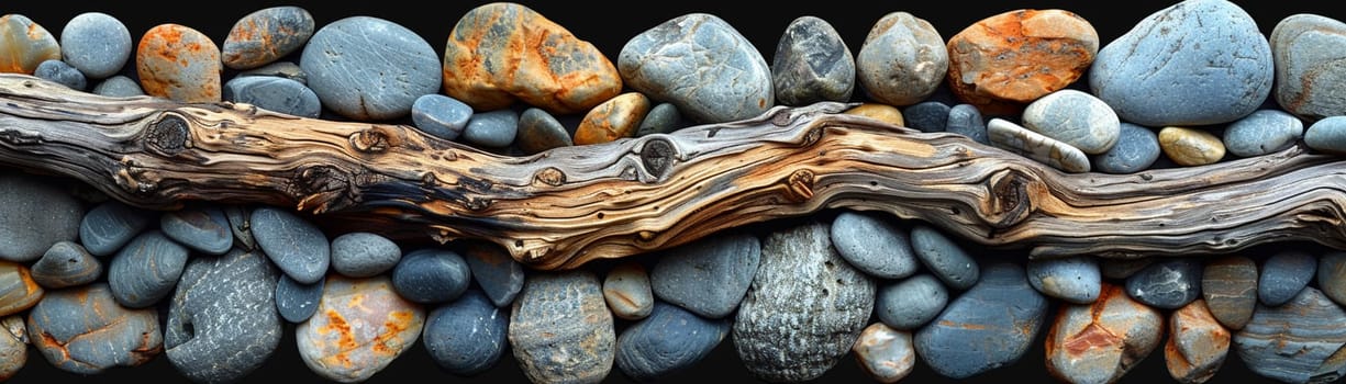 The contrasting textures of smooth pebbles and rough driftwood on a beach, showcasing natural diversity.