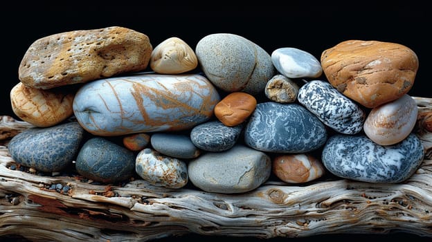 The contrasting textures of smooth pebbles and rough driftwood on a beach, showcasing natural diversity.