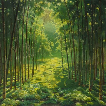 Sunlight casting shadows through a bamboo forest, representing tranquility and natural patterns.