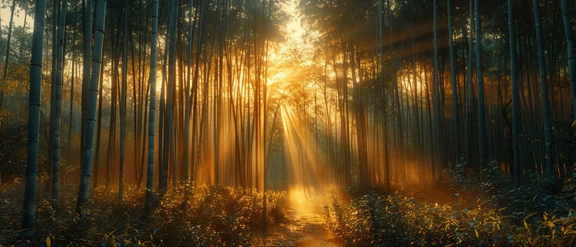 Sunlight casting shadows through a bamboo forest, representing tranquility and natural patterns.