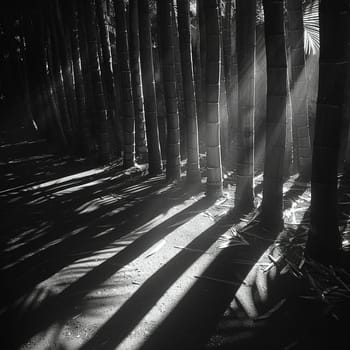 Sunlight casting shadows through a bamboo forest, representing tranquility and natural patterns.