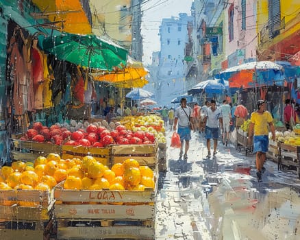 The vibrant hustle of a street market, captured in the colors and textures of goods.