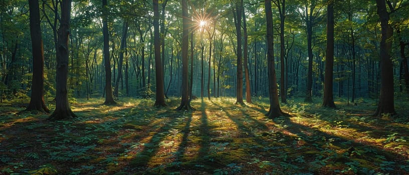 Shadows cast by a forest canopy on a woodland floor, creating a natural mosaic of light and dark.