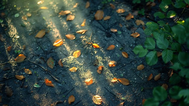 Shadows cast by a forest canopy on a woodland floor, creating a natural mosaic of light and dark.