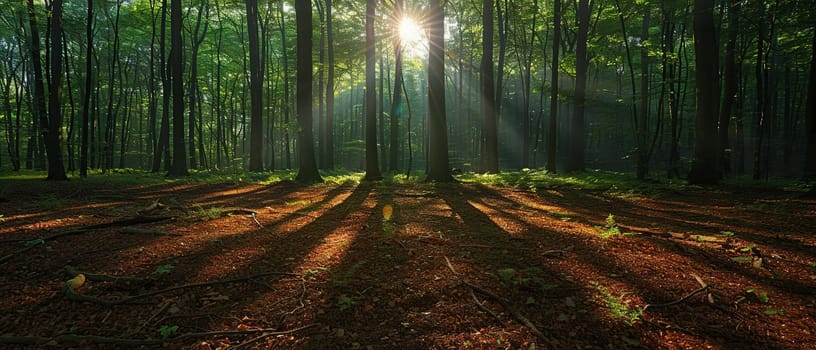 Shadows cast by a forest canopy on a woodland floor, creating a natural mosaic of light and dark.