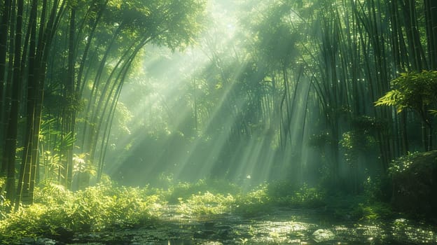 Sunlight casting shadows through a bamboo forest, representing tranquility and natural patterns.