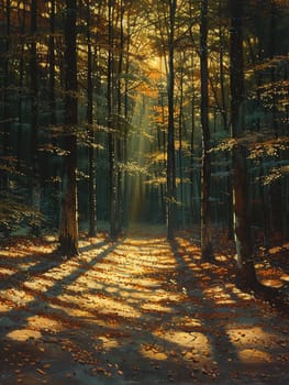 Shadows cast by a forest canopy on a woodland floor, creating a natural mosaic of light and dark.