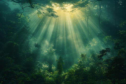 Sunlight filtering through dense forest trees, capturing a mystical and ethereal mood.