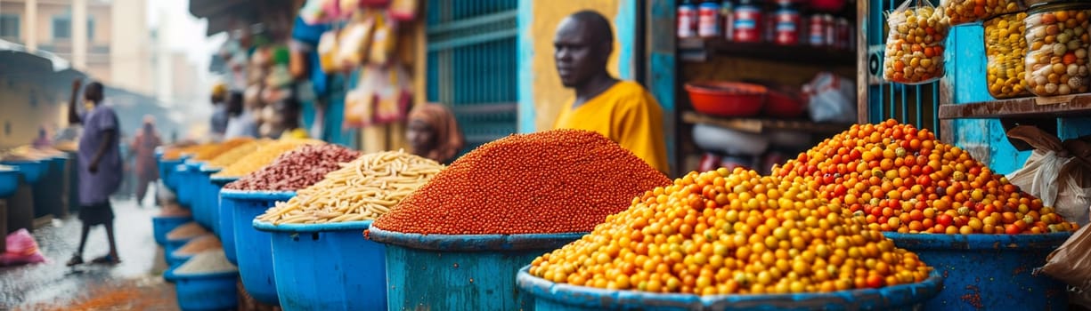 The vibrant hustle of a street market, captured in the colors and textures of goods.