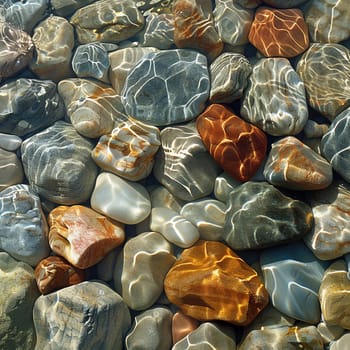 Smooth pebbles under clear stream water, for peaceful and zen-like designs.