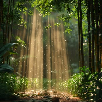 Sunlight streaming through a dense bamboo grove, creating patterns and shadows.