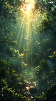 Sunlight filtering through dense forest trees, capturing a mystical and ethereal mood.