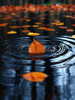 Ripples on a serene pond surface, touched by falling autumn leaves, illustrating change and tranquility.