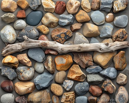 The contrasting textures of smooth pebbles and rough driftwood on a beach, showcasing natural diversity.