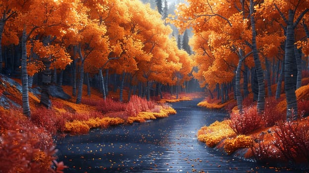 Winding river through a vibrant autumn forest, capturing natural beauty and seasonal change.