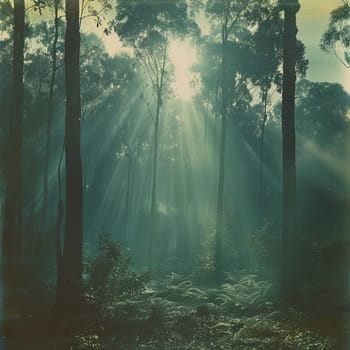 Sunlight filtering through dense forest trees, capturing a mystical and ethereal mood.