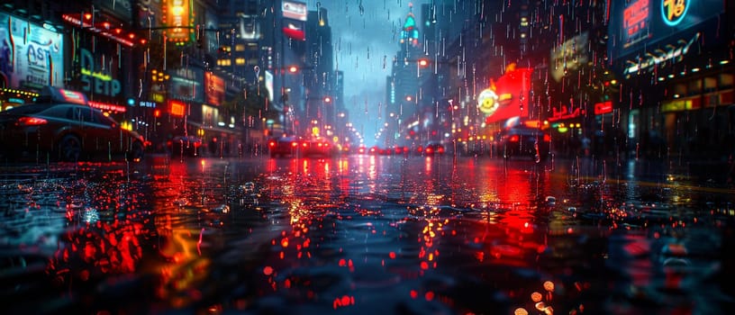 Rain falling on a city street at night, creating reflections and a moody atmosphere.