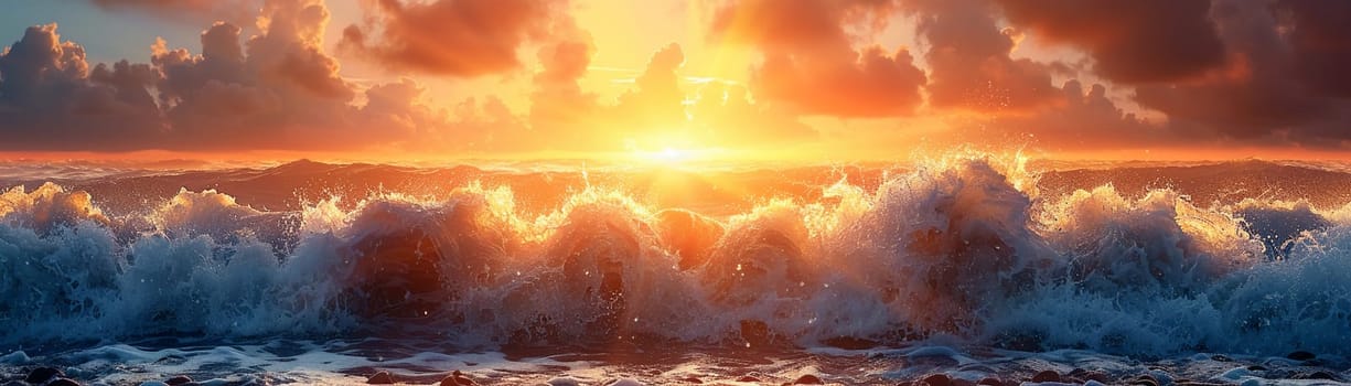 Waves crashing against rocky shore at sunrise, capturing power and natural beauty.