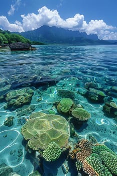 Shallow coral reef with clear water above, capturing tropical marine ecosystems.