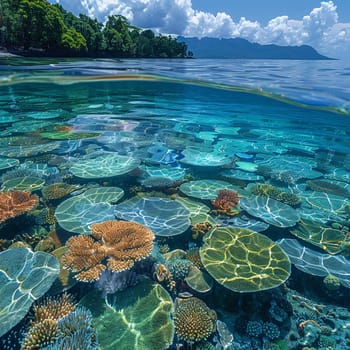 Shallow coral reef with clear water above, capturing tropical marine ecosystems.