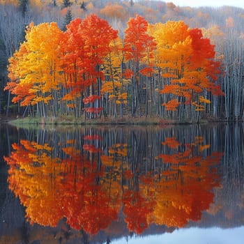 Reflections of autumn trees in a crystal-clear lake, creating a mirror image of nature's palette.