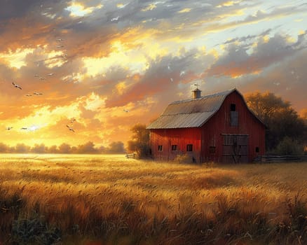 Rustic barn in a golden field at sunset, suitable for country living and agricultural themes.