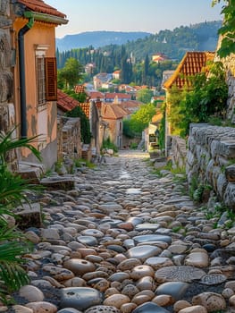 Worn cobblestone street in historic town, great for vintage and cultural projects.