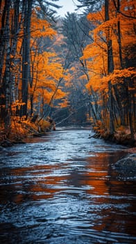 Winding river through a vibrant autumn forest, capturing natural beauty and seasonal change.