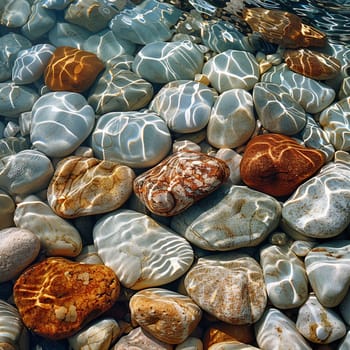 Smooth pebbles under clear stream water, for peaceful and zen-like designs.