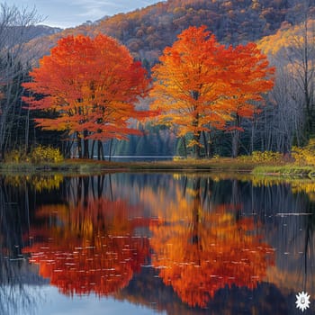 Vivid autumn colors reflected in a still lake, showcasing seasonal change.