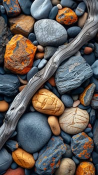 The contrasting textures of smooth pebbles and rough driftwood on a beach, showcasing natural diversity.