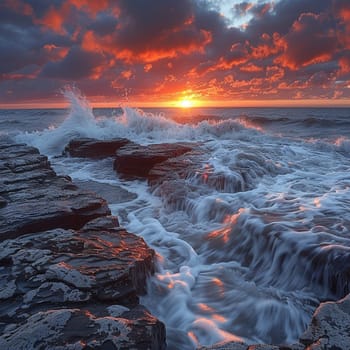 Waves crashing against rocky shore at sunrise, capturing power and natural beauty.