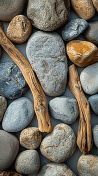 The contrasting textures of smooth pebbles and rough driftwood on a beach, showcasing natural diversity.