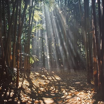 Sunlight streaming through a dense bamboo grove, creating patterns and shadows.