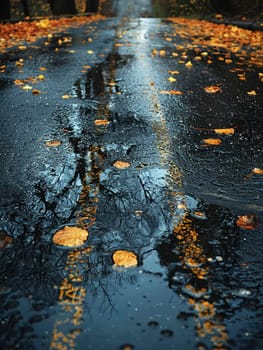Wet asphalt after rain with reflections, suitable for moody and atmospheric backgrounds.