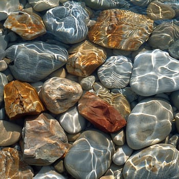 Smooth pebbles under clear stream water, for peaceful and zen-like designs.