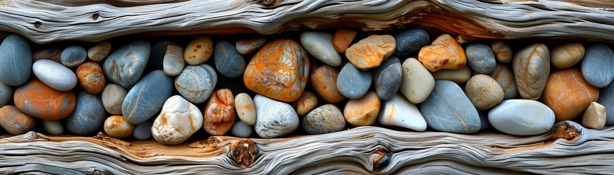 The contrasting textures of smooth pebbles and rough driftwood on a beach, showcasing natural diversity.