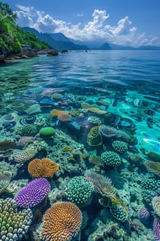 Shallow coral reef with clear water above, capturing tropical marine ecosystems.