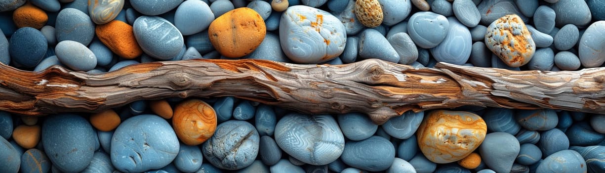 The contrasting textures of smooth pebbles and rough driftwood on a beach, showcasing natural diversity.