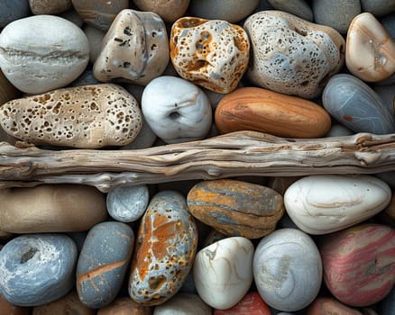 The contrasting textures of smooth pebbles and rough driftwood on a beach, showcasing natural diversity.